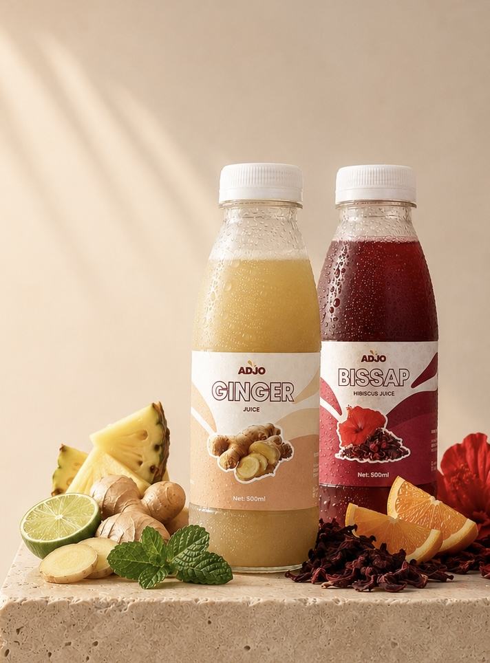 ADJO Bissap and Ginger drinks with fresh fruit and botanicals