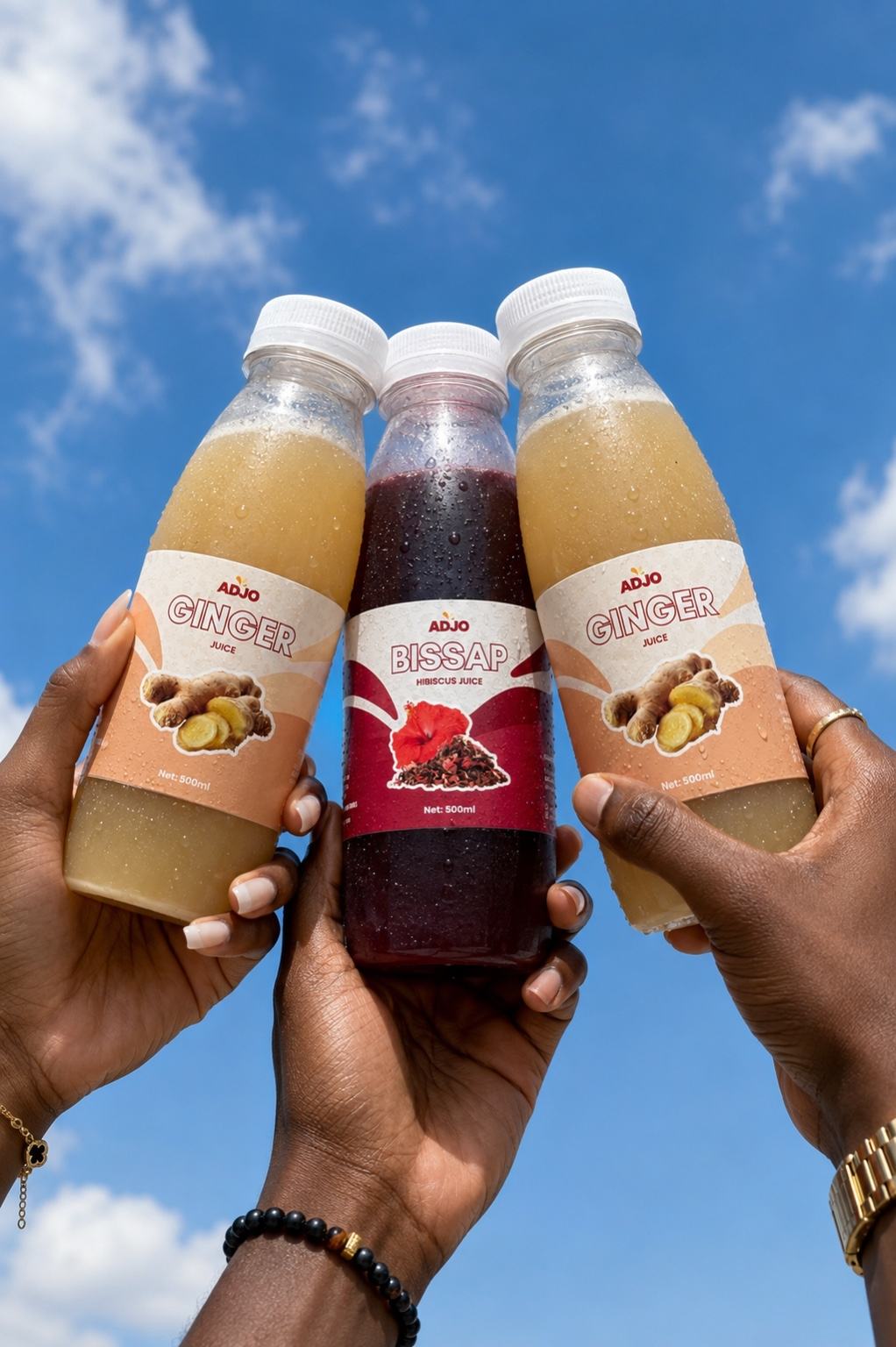 ADJO drinks presented with West African food and ingredients